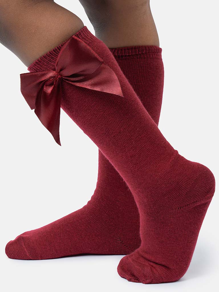 Baby Girl Vibrant Big Satin Bow Knee Socks-Burgundy