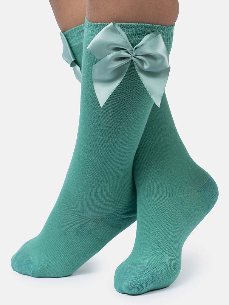 Baby Girl Vibrant Big Satin Bow Knee Socks - Mint Green