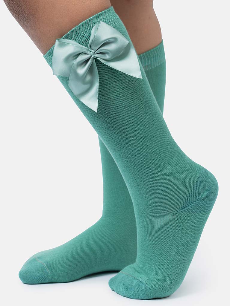 Baby Girl Vibrant Big Satin Bow Knee Socks-Mint Green