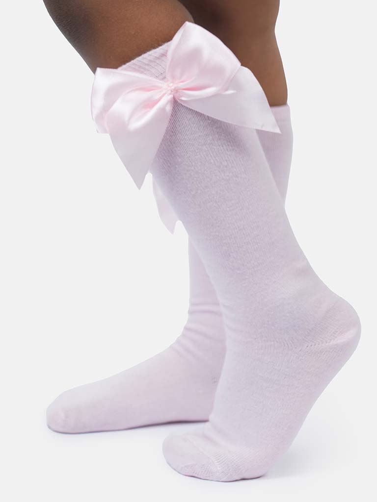 Baby Girl Vibrant Big Satin Bow Knee Socks-Baby Pink