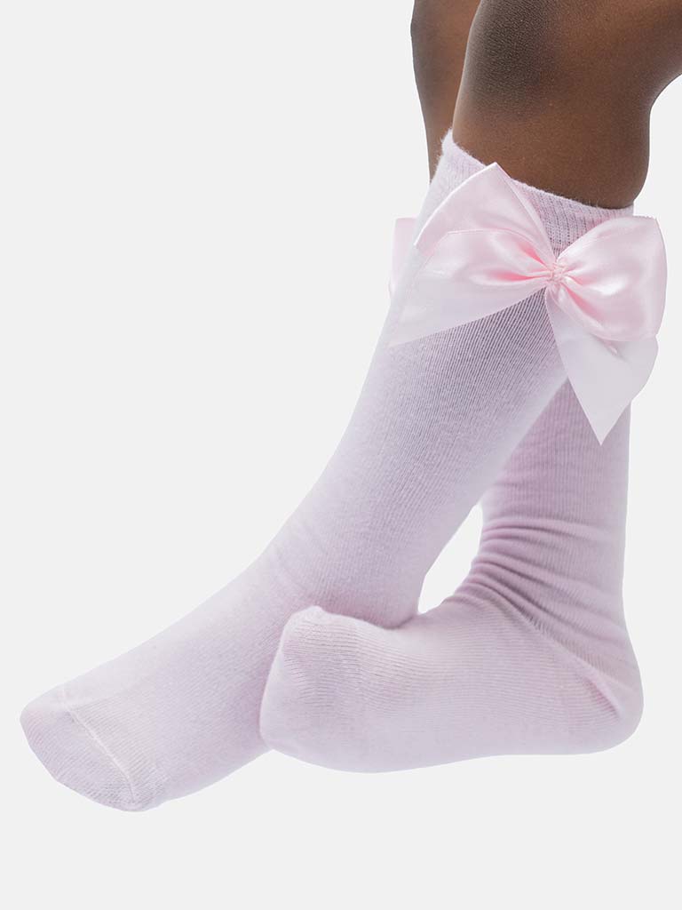 Baby Girl Vibrant Big Satin Bow Knee Socks-Baby Pink