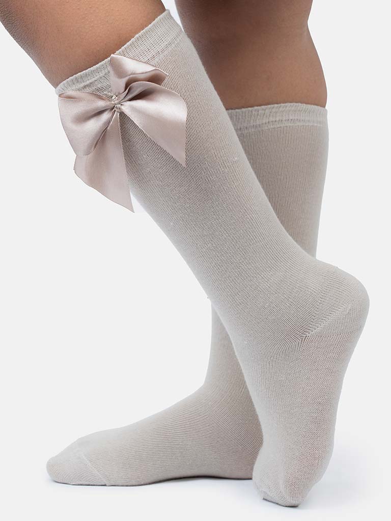 Baby Girl Vibrant Big Satin Bow Knee Socks - Champagne/Jaguar