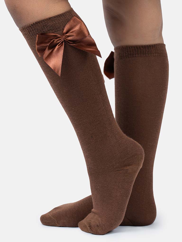 Baby Girl Vibrant Big Satin Bow Knee Socks-Brown