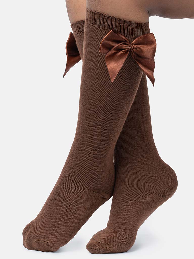 Baby Girl Vibrant Big Satin Bow Knee Socks - Brown
