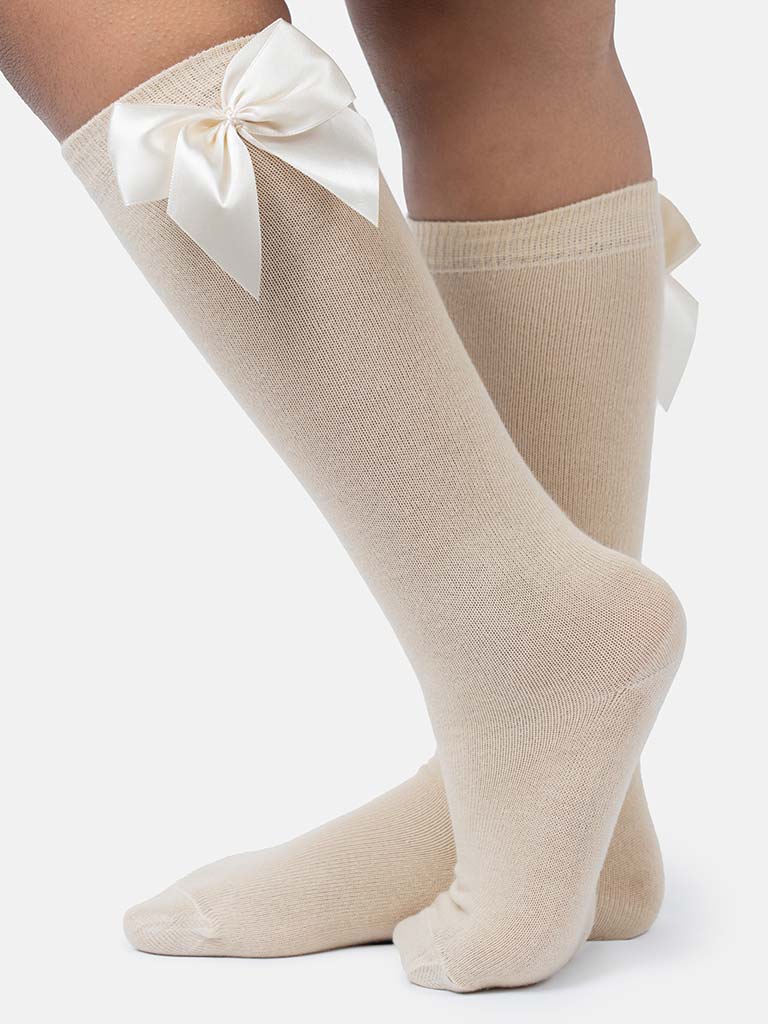 Baby Girl Vibrant Big Satin Bow Knee Socks-Beige
