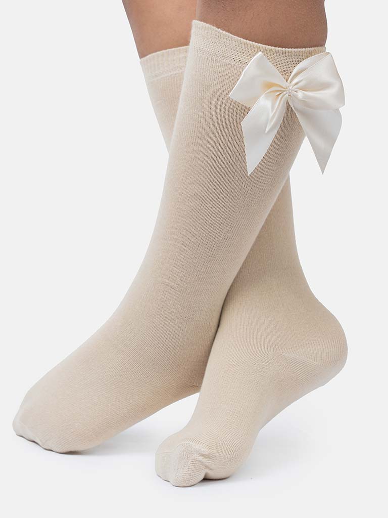 Baby Girl Vibrant Big Satin Bow Knee Socks - Beige