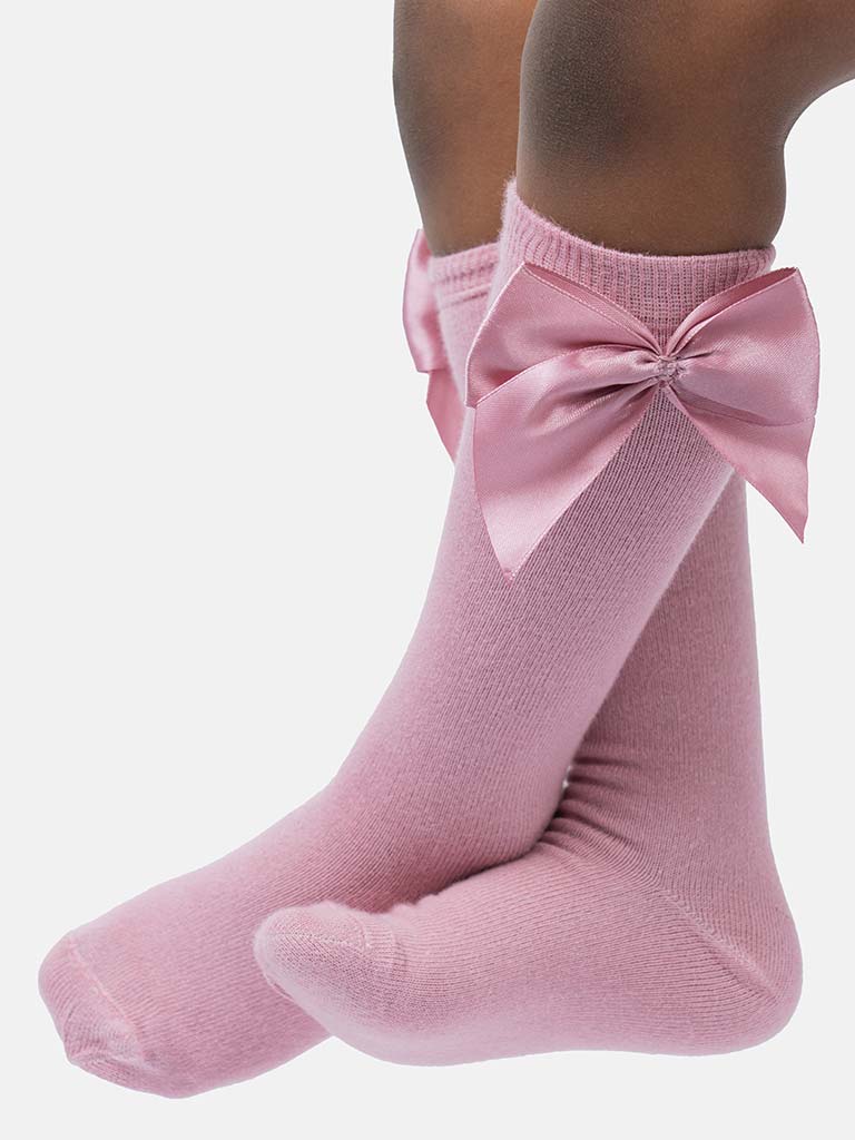Baby Girl Vibrant Big Satin Bow Knee Socks-Dusty Pink