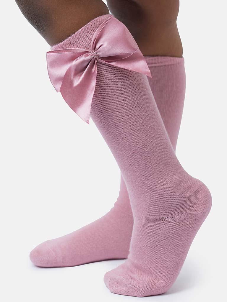 Baby Girl Vibrant Big Satin Bow Knee Socks-Dusty Pink