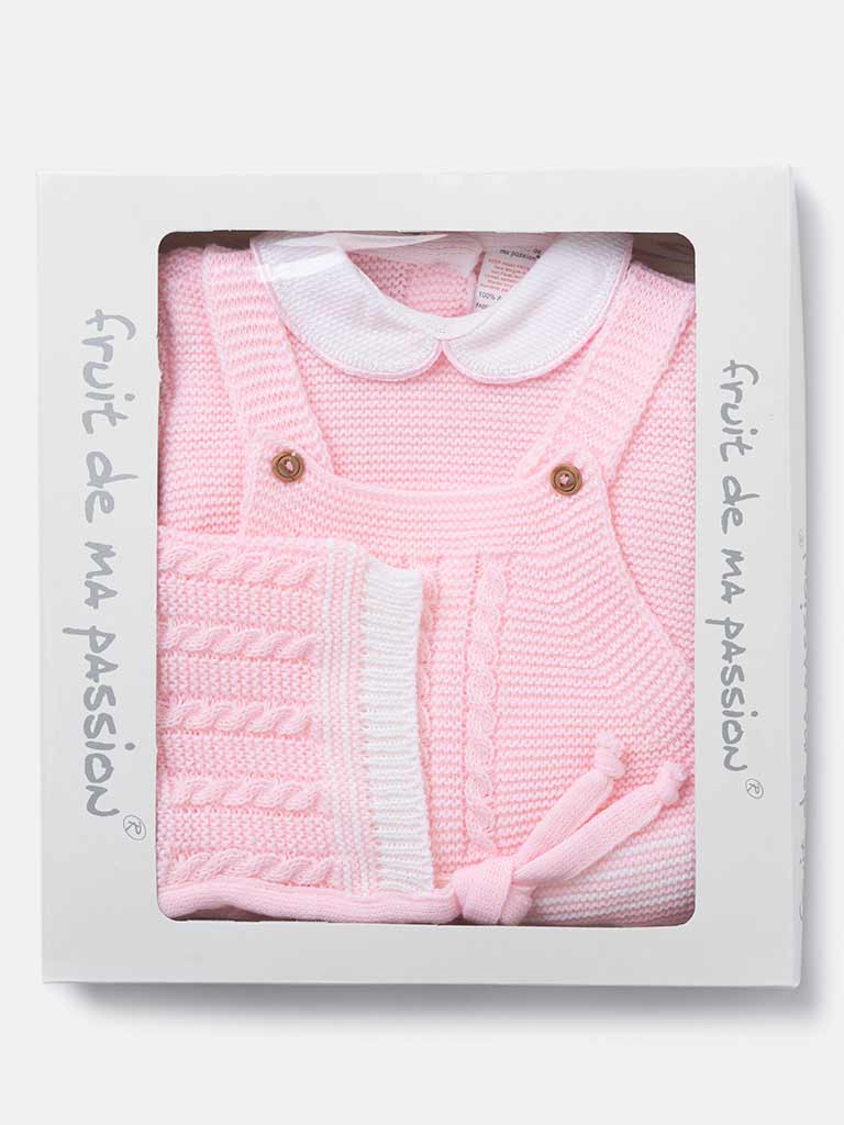 Baby Girl 3-piece Top, Dungaree & Bonnet Cable Knitted Gift Box Set-Pink