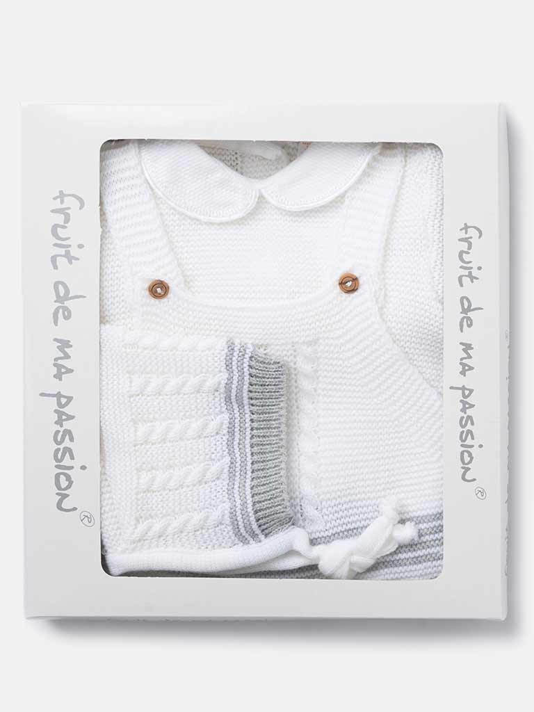 Baby Unisex 3-piece Top, Dungaree & Bonnet Cable Knitted Gift Box Set-White & Grey