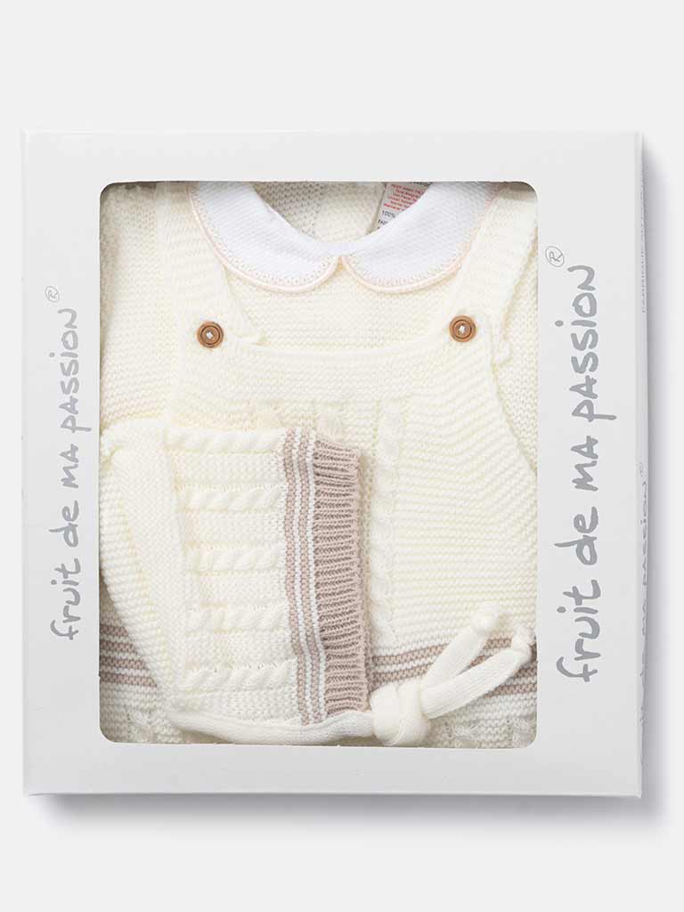 Baby Unisex 3-piece Top, Dungaree & Bonnet Cable Knitted Gift Box Set-Ivory & Beige