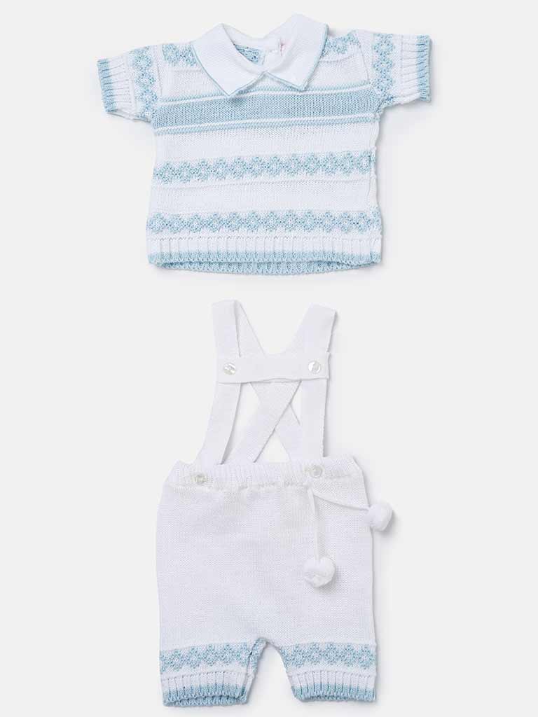Baby Boy 2 Piece Striped Diamond Knit Pom-pom Gift Box Set - White & Baby Blue