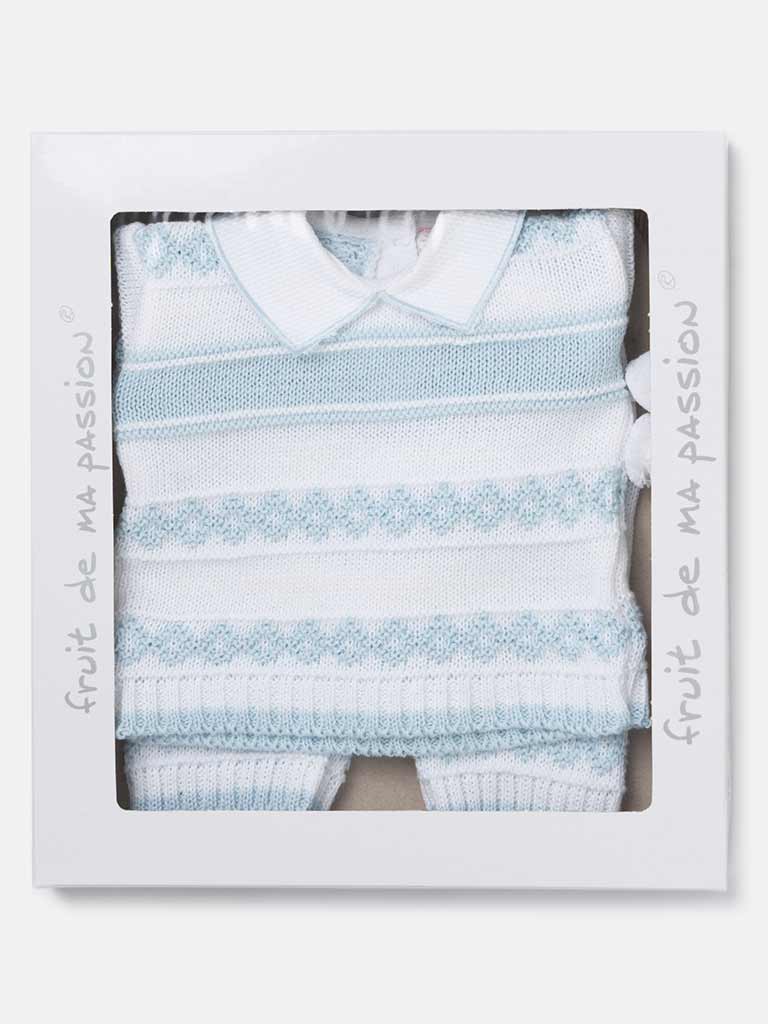 Baby Boy 2 Piece Striped Diamond Knit Pom-pom Gift Box Set-White & Baby Blue