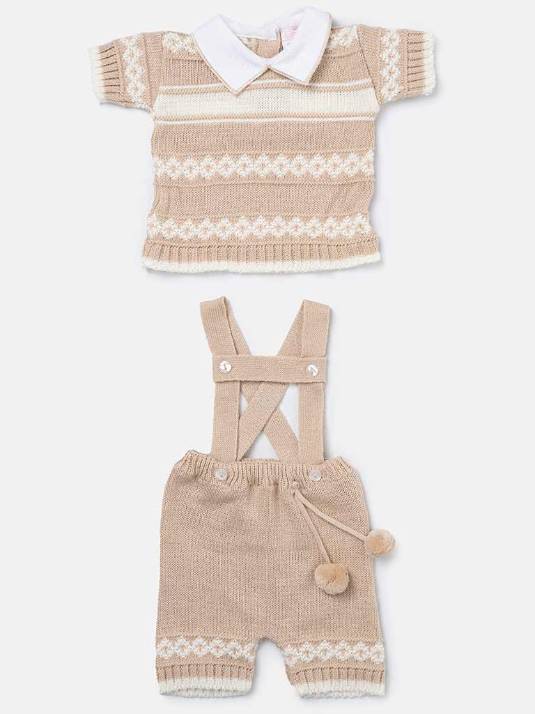 Baby Boy 2 Piece Striped Diamond Knit Pom-pom Gift Box Set - Beige