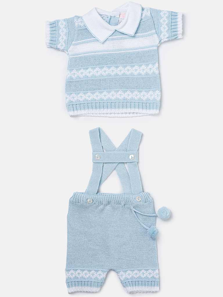 Baby Boy 2 Piece Striped Diamond Knit Pom-pom Gift Box Set - Baby Blue