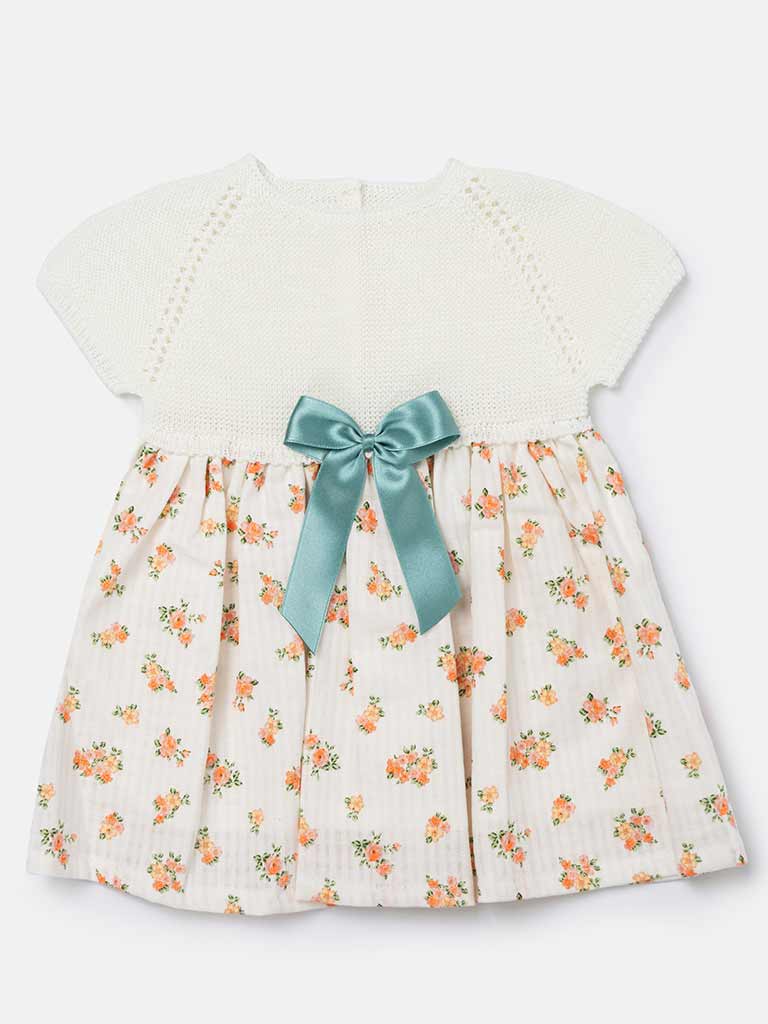 Baby Girl Nova Collection Half Knitted Spanish Dress-Cream/Ivory & Orange Floral