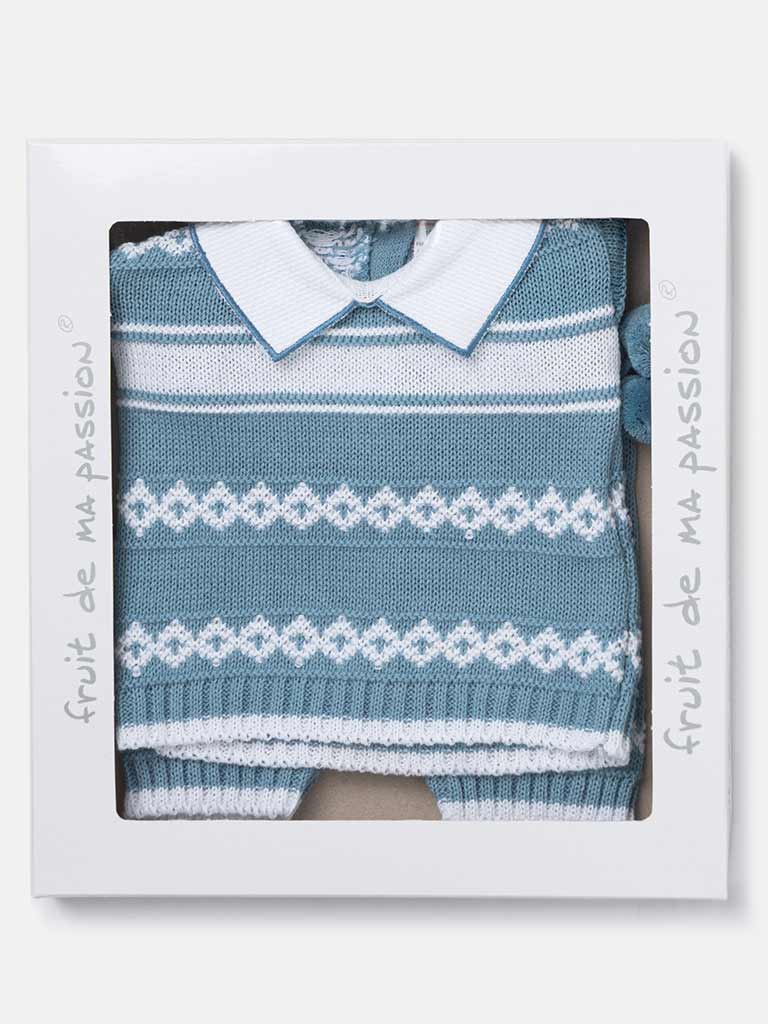 Baby Boy 2 Piece Striped Diamond Knit Pom-pom Gift Box Set-Blue
