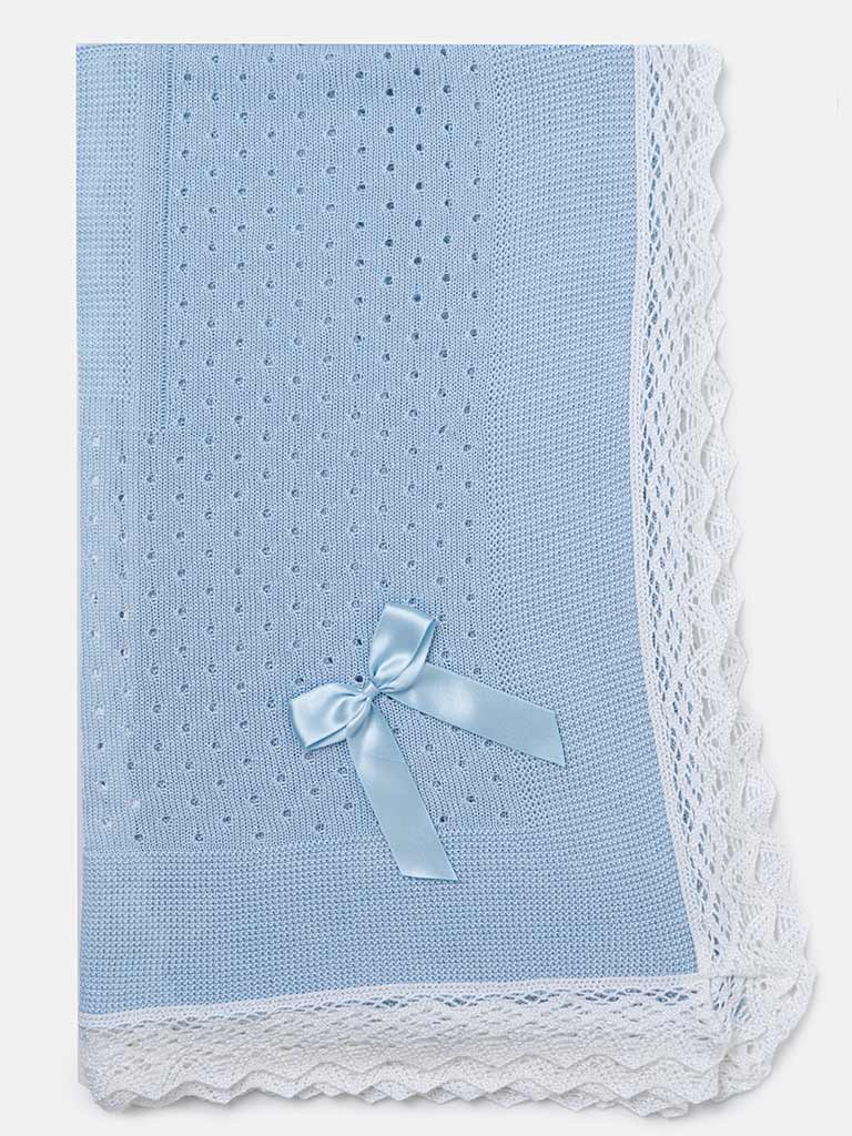 Baby Arrow Knitted Spanish Blanket with Bow- Baby Blue