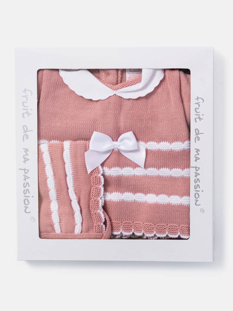 Baby Girl 3-piece Scallop Line Knitted Gift Box Set-Dusty Pink