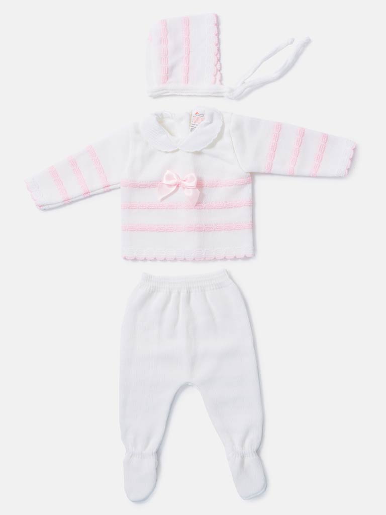 Baby Girl 3-piece Scallop Line Knitted Gift Box Set - White with Pink