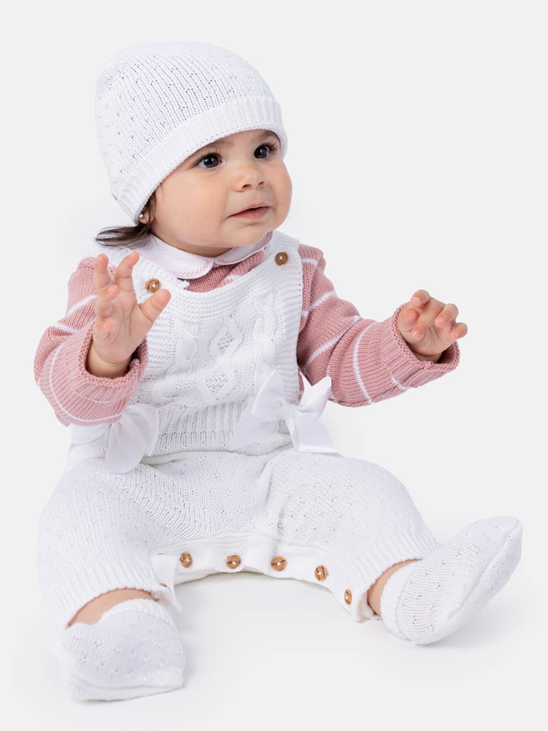 Baby Girl Nia Collection 4-piece Spanish Knitted Set - White with Dusty Pink