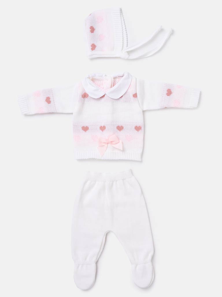 Baby Girl 3-piece Heart Knitted Gift Box Set - White and Pink
