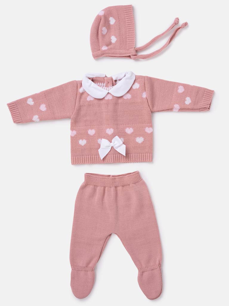 Baby Girl 3-piece Heart Knitted Gift Box Set - Dusty Pink