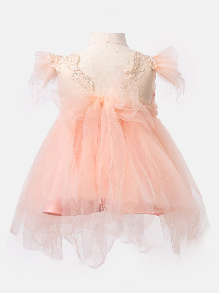 Baby Girl Princess Ceremony Dress with Feathered Sleeves - Peach