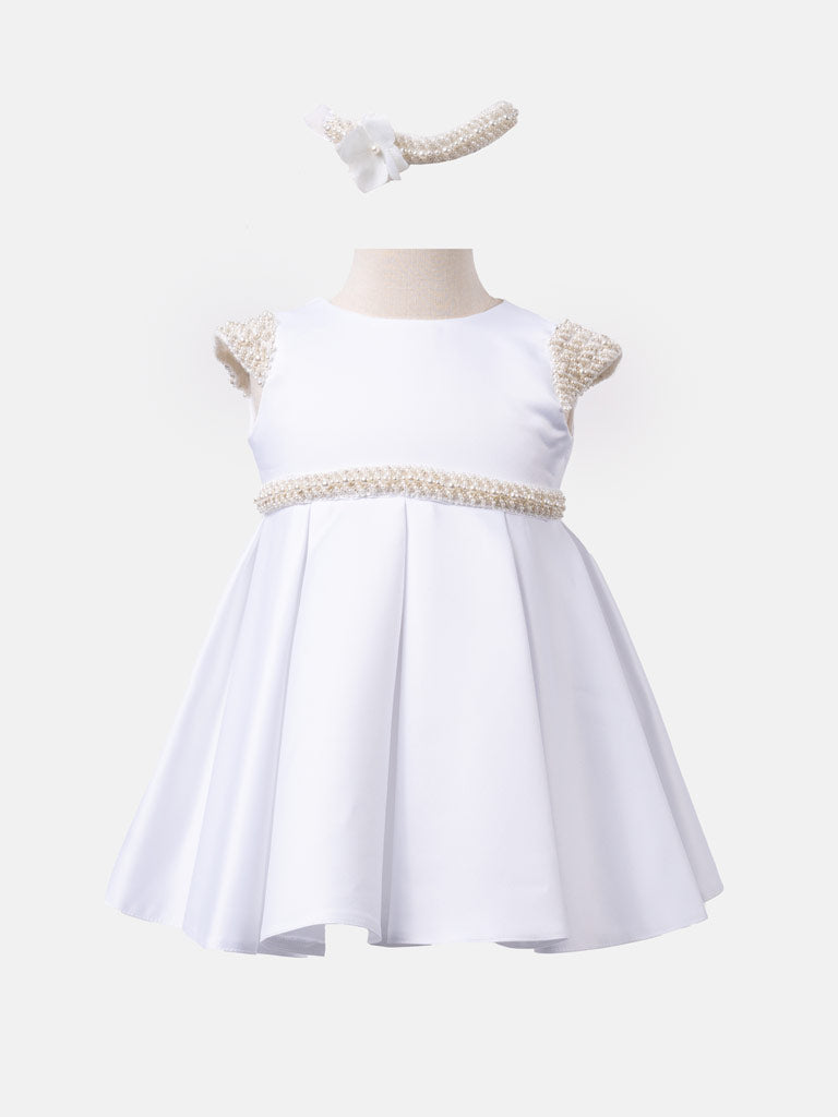 Pearly White Satin Dress with Beaded Accents