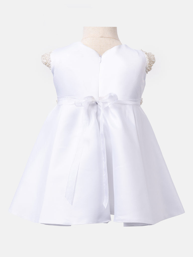 Pearly White Satin Dress with Beaded Accents