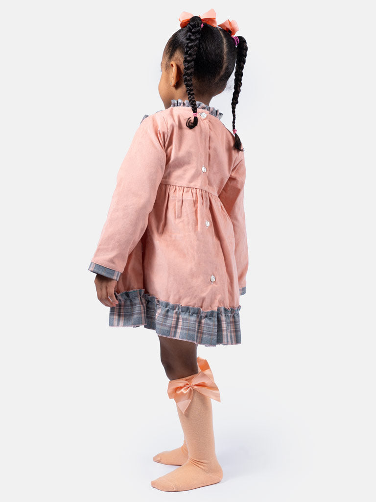 Baby Girl Eri Collection Velvet Dress with Tartan Accents - Peach