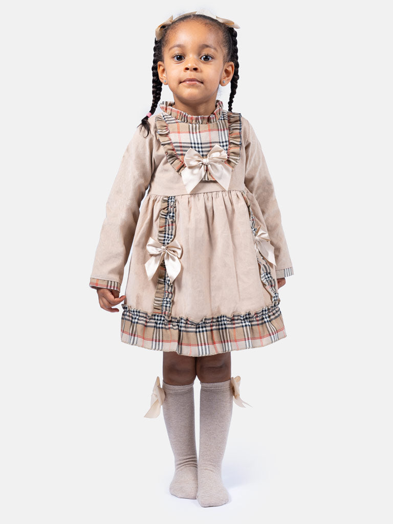 Baby Girl Eri Collection Velvet Dress with Tartan Accents - Beige