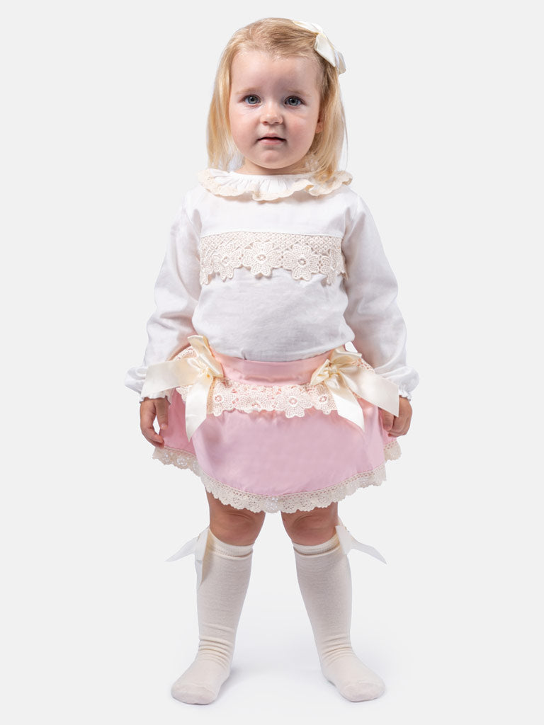 Baby Girl Luisa Collection Romper with Embroidered Lace and bow - Baby Pink