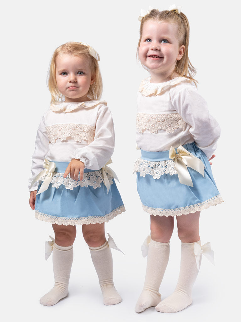 Baby Girl Luisa Collection Romper with Embroidered Lace and bow - Baby Blue