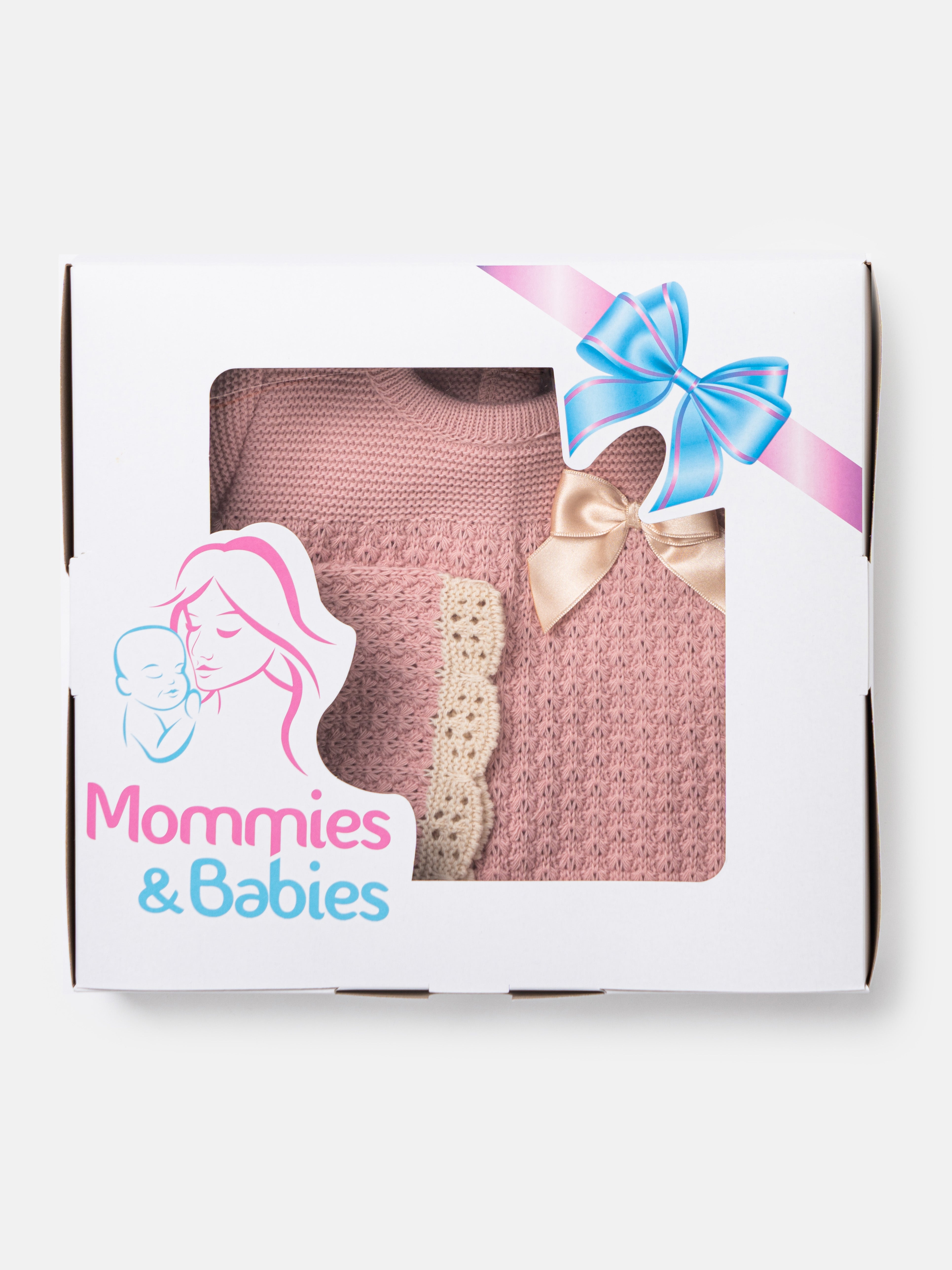 Baby Girl 3-piece Knitted Set with Bow, Bonnet and Trousers - Dusty Pink