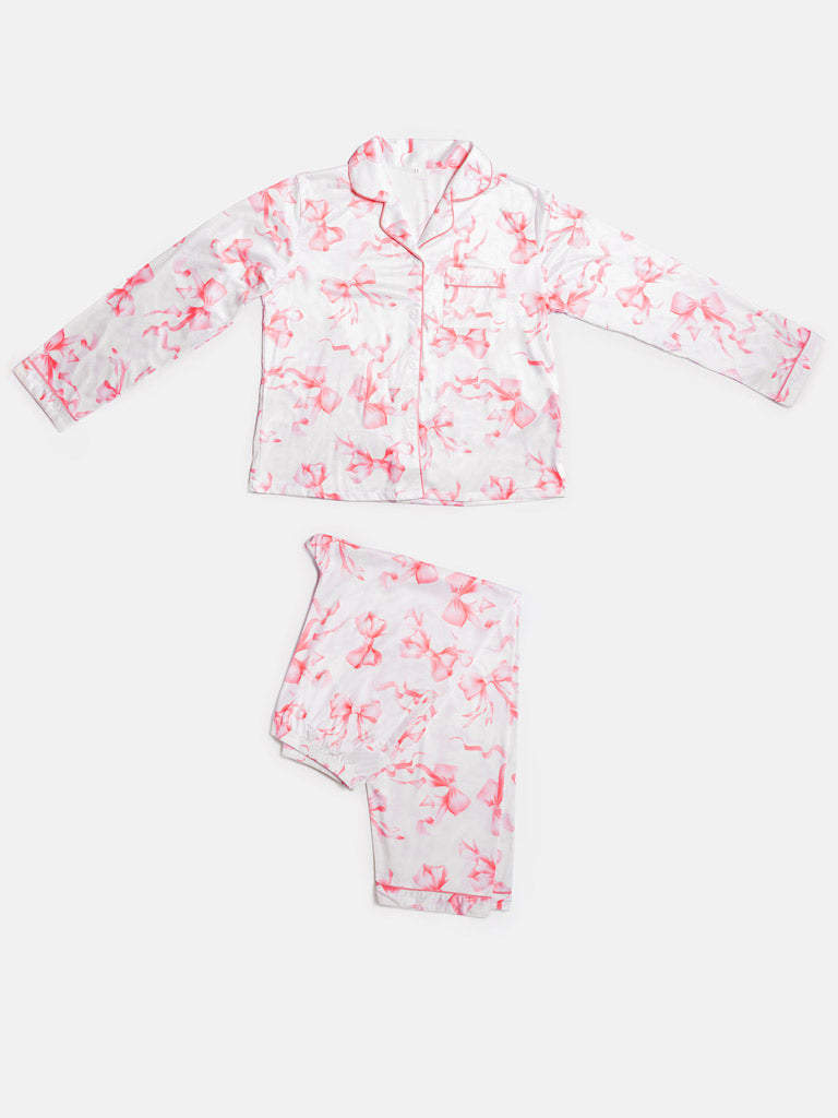 Mommy Maternity Pyjama 2-Piece Set with Bow Print - White & Pink