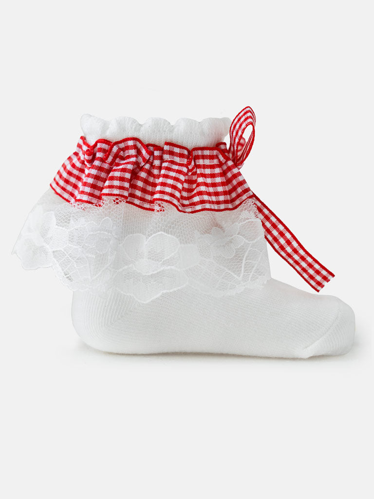 Baby Girl School Ankle Socks with Checked Bow & Lace - White & Red