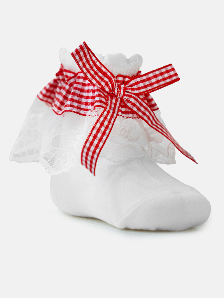 Baby Girl School Ankle Socks with Checked Bow & Lace - White & Red