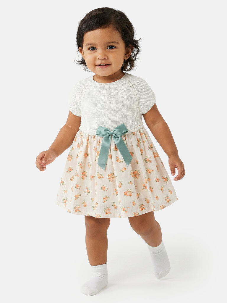 Baby Girl Nova Collection Half Knitted Spanish Dress - Ivory & Orange Floral
