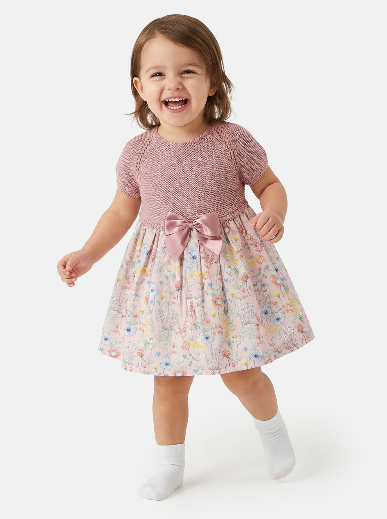 Baby Girl Nova Collection Half Knitted Spanish Dress - Dusty Pink & Floral