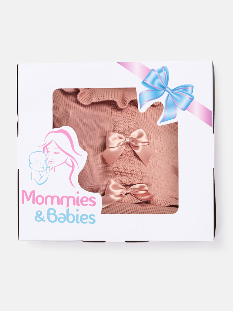 Baby Girl Rosabella Collection 3-piece Knitted Set with Bows and Bonnet - Dusty Pink