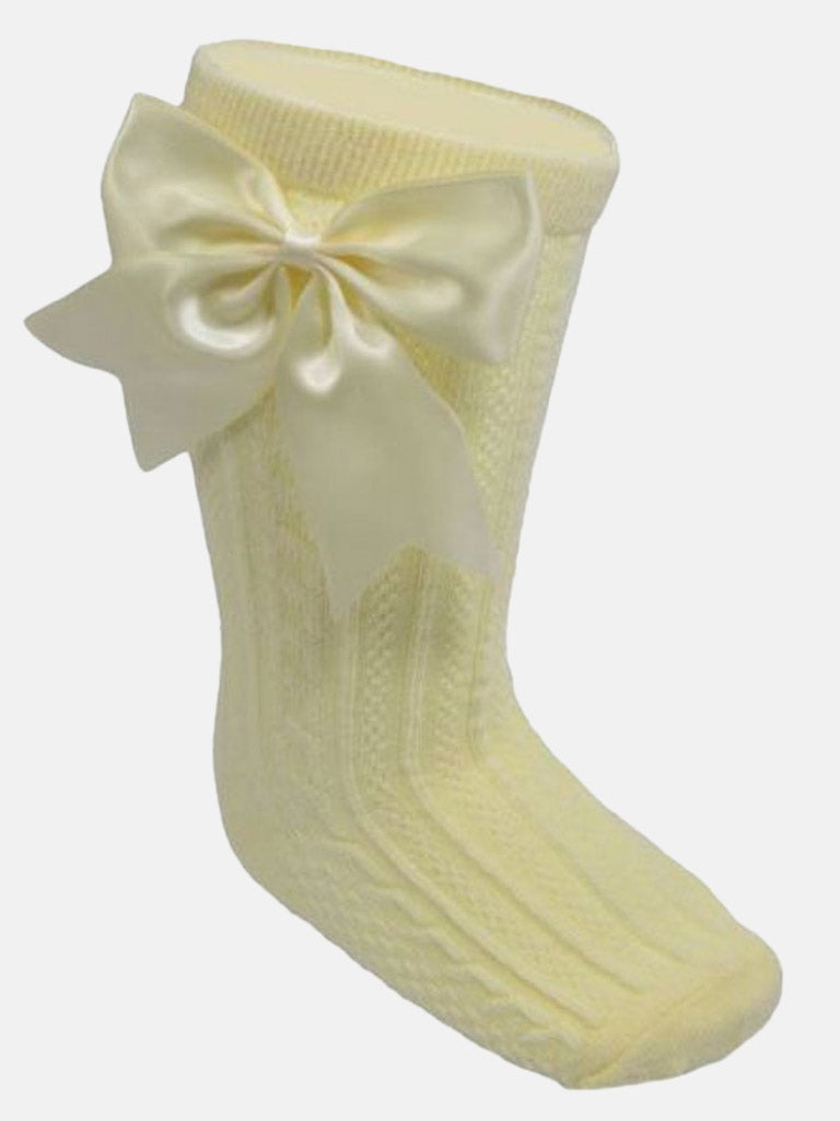 Baby Girl Elegant Cable-Knit Knee Socks with Satin Bow-Lemon Yellow