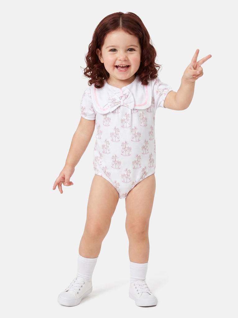 Baby Girl One-Piece Romper with Short Sleeves - Rocking Horse Collection - Baby Pink