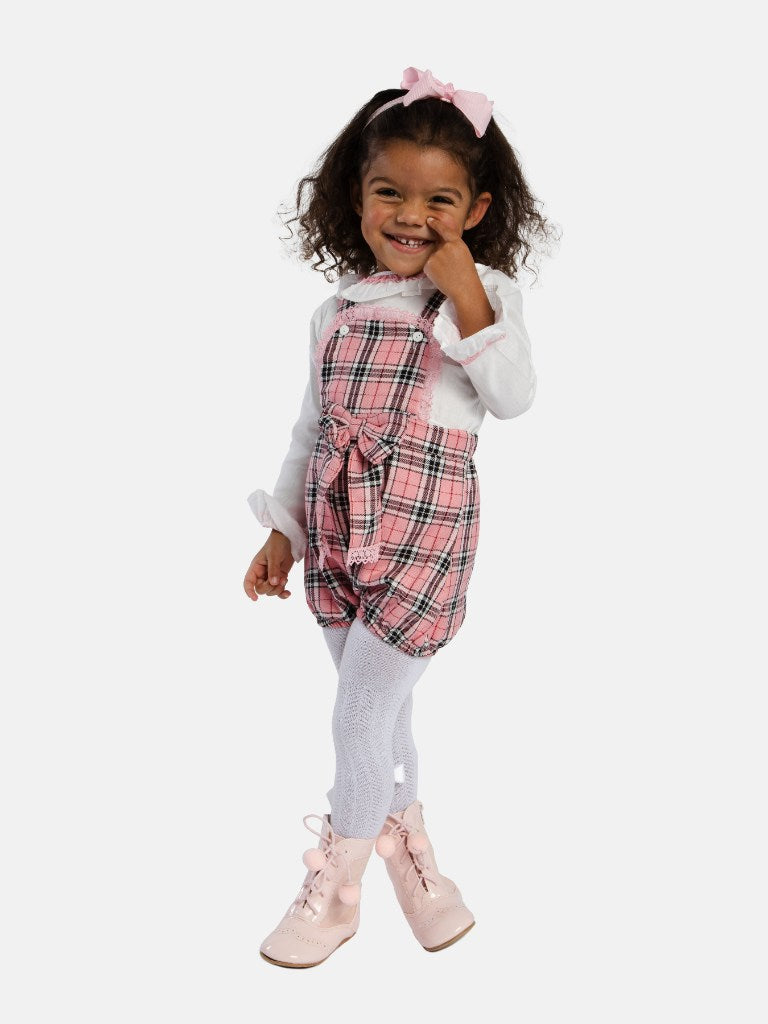 Baby Girl Tartan Romper Set with Bow and Lace - Coral Pink