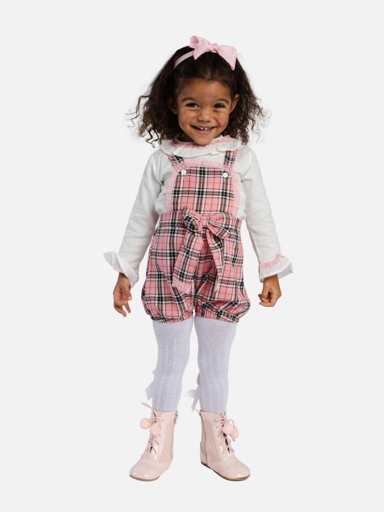 Baby Girl Tartan Romper Set with Bow and Lace - Coral Pink