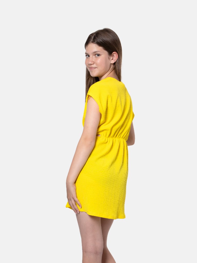 Junior Girl Lou Crinkled Summer Dresses with Playful Cut-Outs - Yellow