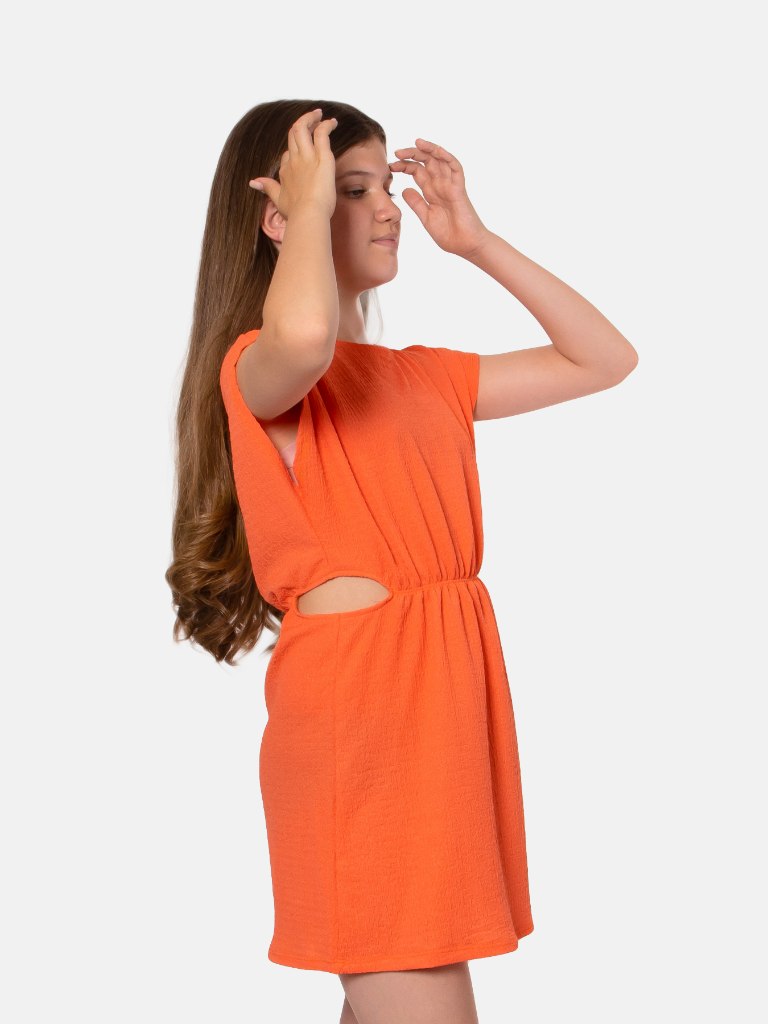 Junior Girl Lou Crinkled Summer Dresses with Playful Cut-Outs - Orange