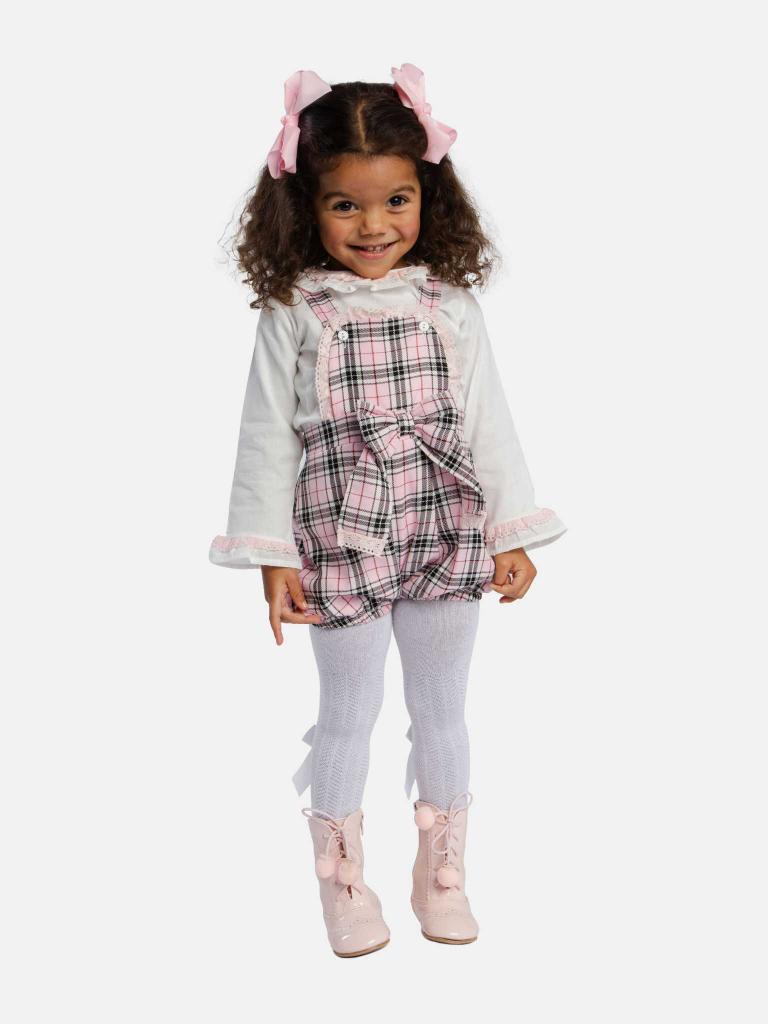 Baby Girl Tartan Romper Set with Bow and Lace - Baby Pink