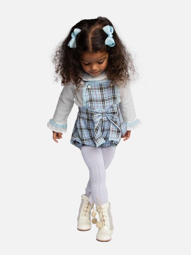 Baby Girl Tartan Romper Set with Bow and Lace - Baby Blue