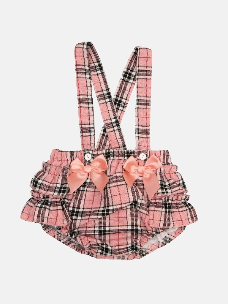 Baby Girl Spanish Bow & Frills Tartan Romper - Coral Pink